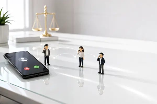Переадресация звонков на рабочем номере: смартфон и фигурки людей, соединённые линиями связи